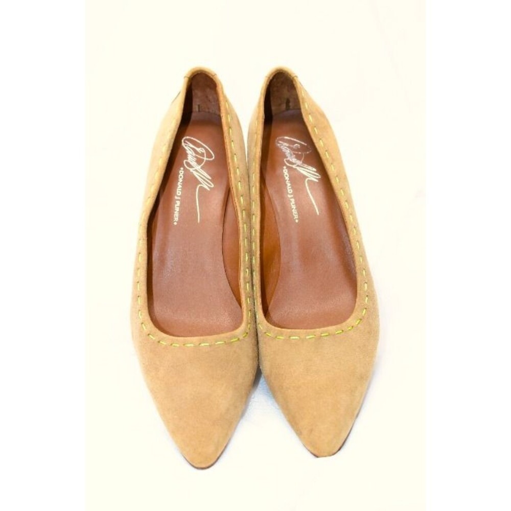 Donald J Pliner EDDI Sz 7.5M Beige Suede w/Lime Stitch Wedge Heel Dress Slip-Ons